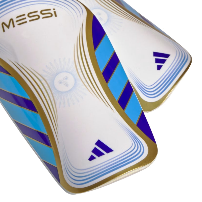 Adidas Soccer Protective Gear Adidas Messi Club Soccer Shin Guards Junior White Lucid Blue Gold Metallic