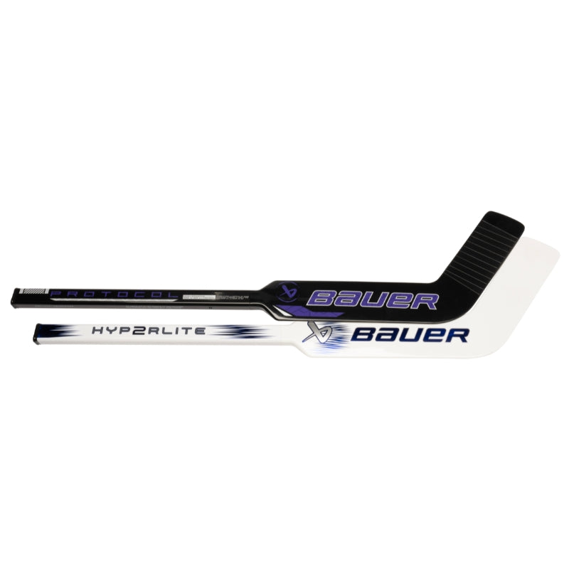 Bauer Mystery Mini Stick 2 goalie sticks horizontal with blades pointing to the top-right