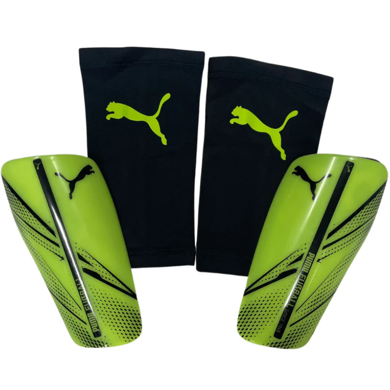 Puma Attacanto Sleeve Shin Guards Lime/Black front of both shin guards