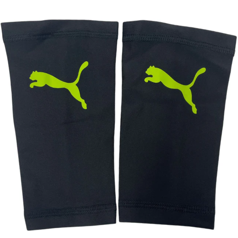 Puma Attacanto Sleeve Shin Guards Lime/Black showing Puma logo