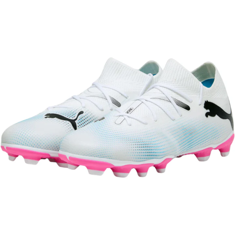 Puma Future 7 Match FG/AG Soccer Cleats Junior White/Black/Pink side/front of both shoes pointing left