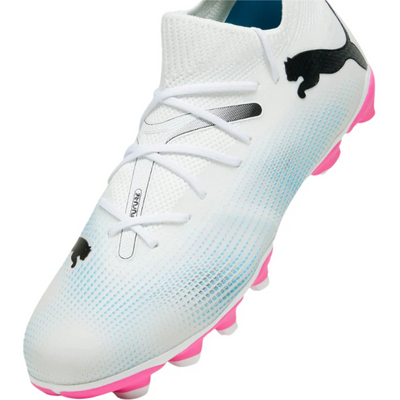 Puma Future 7 Match FG/AG Soccer Cleats Junior White/Black/Pink side/front pointing to the lower-left