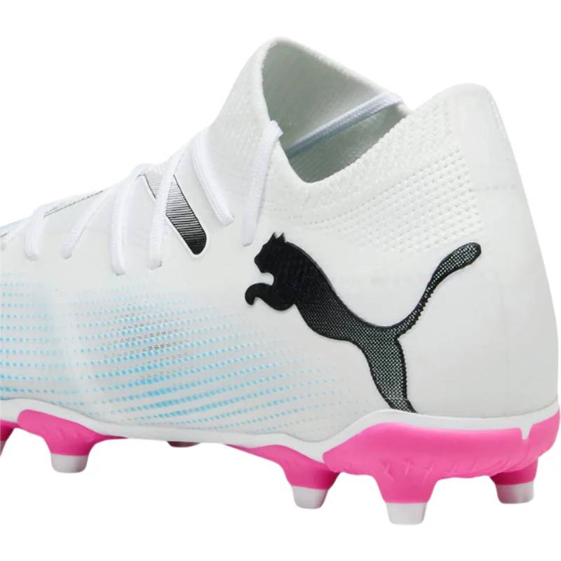 Puma Future 7 Match FG/AG Soccer Cleats Junior White/Black/Pink close-up of the logo on the side showing the back